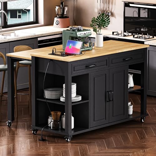 47 Extendable Countertop Coffee Station, Kitchen Storage Cabinets with Power Outlet, Kitchen Island Table with Rubber Wood Veneer for Kitchen use, Black - color: Black
