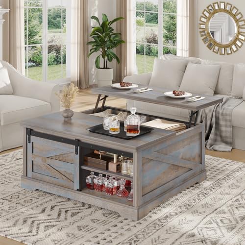 Itaar 39.4'' Lift Top Coffee Table with Storage, Farmhouse Coffee Tables for Living Room, Square Coffee Table with Large Hodden Compartment & 2 Drawrs & Adjustables Shelves (Blue) - color: Blue