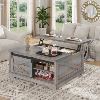 Itaar 39.4'' Lift Top Coffee Table with Storage, Farmhouse Coffee Tables for Living Room, Square Coffee Table with Large Hodden Compartment & 2 Drawrs & Adjustables Shelves (Blue) - color: Blue