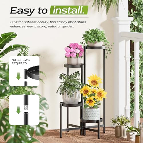 4 Tier Black Metal Foldable Corner Plant Stand w/ 7.9" Wide Tray Lg Pot - color: BlackDisk