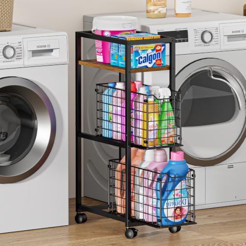Hongtamoya 3 Tier Laundry Room Cart with Pull-Out Baskets, Utility Slim Storage Cart with Wheels Small Rolling Cart with Wood Top Metal Narrow Bathroom Laundry Room Organization Trolley, Black - color: Black, size: Narrow: 9.1*15.7*31.5inch