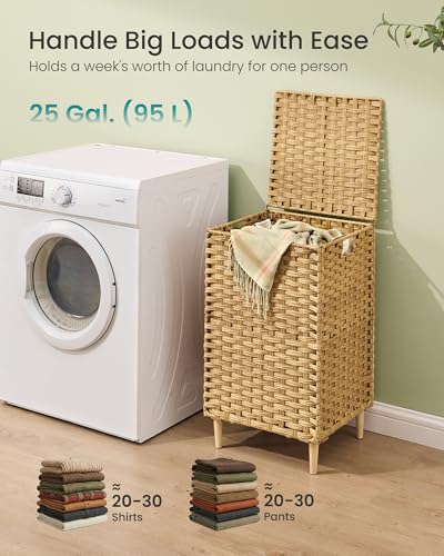 SONGMICS Laundry Hamper with Lid, 25 Gal (95L) PE Rattan Laundry Basket with Removable Washable Liners, for Bedroom & Living Room, Goose Yellow ULCB221YE01 - color: Goose Yellow, size: 95 L (1 Basket）