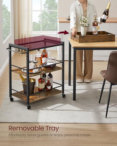 VASAGLE Kitchen Serving Cart with Removable Tray, 3-Tier Kitchen Utility Cart on Wheels with Storage, with Brakes, Leveling Feet, 15.7 x 28.3 x 33.9 Inches, Rustic Brown and Black ULRC72X - color: Rustic Brown + Black, size: 15.7"D x 28.3"W x 33.9"H