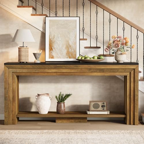 Tribesigns 70.9 Inch Long Console Table, Farmhouse 2-Tier Wooden Sofa Table with Storage, Space-Saving Behind Couch Accent Table for Living Room, Entryway, Hallway and Foyer - color: Rustic Brown & Black