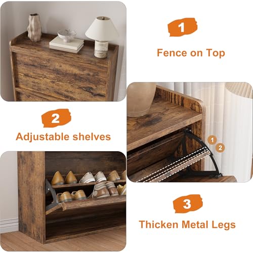 Garvee Shoe Cabinet with 3 Flip Drawers, Hidden Wood Shoe Cabinet,Freestanding Shoe Storage Cabinet with Adjustable Shelf for Entryway Hallwa, Living Room, Living Room, Brown - color: Rustic Brown