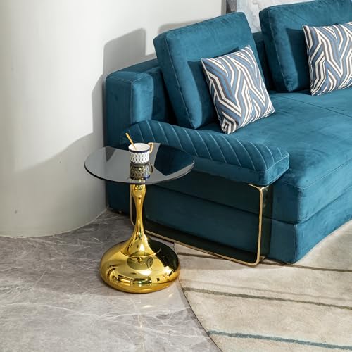 Luxury Round End Table Gold Metal Base 17.7inch Black Tempered Glass Top Modern Small Side Table Living Room Table Sofa Small Coffee Tables Cute Shape (Glod+Glass) - color: Glod+glass