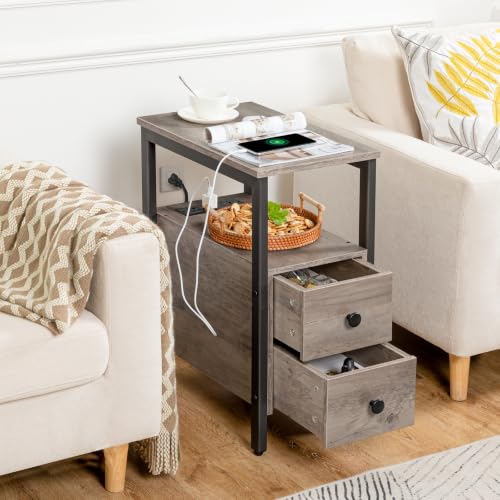 HOOBRO Set of 2 End Tables with Charging Station, Narrow Side Table with Drawers & USB Port & Power Outlets, Nightstand for Small Spaces, Living Room, Stable, Greige and Black BG541BZP201 - color: Greige + Black