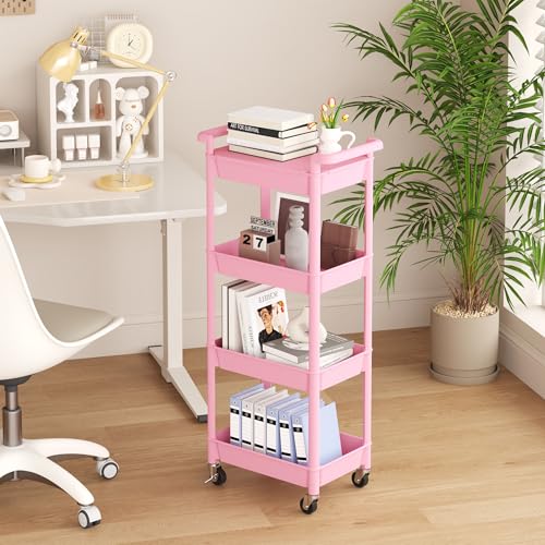 MIOCASA Utility Rolling Cart with Detachable Tray Top, 4-Tier Kitchen Storage Organization, Art Cart with Wheels for Office, Classroom, Livingroom, Kitchen, Bathroom (Pink, 4-Tier-Plastic) - size: 4-Tier, style: Pink
