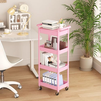 MIOCASA Utility Rolling Cart with Detachable Tray Top, 4-Tier Kitchen Storage Organization, Art Cart with Wheels for Office, Classroom, Livingroom, Kitchen, Bathroom (Pink, 4-Tier-Plastic) - size: 4-Tier, style: Pink