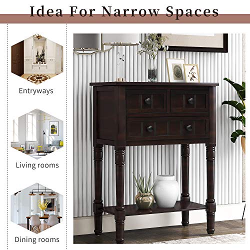 MTHOUSE Solid Wood Narrow Console Table, Entryway Table for Hallway & Living Room, Slim Sofa Table with 3 Drawers & Shelf, Easy Assembly Storage Furniture (Espresso) - color: Espresso