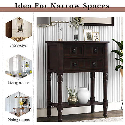P PURLOVE Narrow Console Table, Farmhouse Entryway Table Slim Sofa Table with Three Storage Drawers and Bottom Shelf, Wood Entry Table for Living Room,Easy Assembly,Espresso - color: Espresso