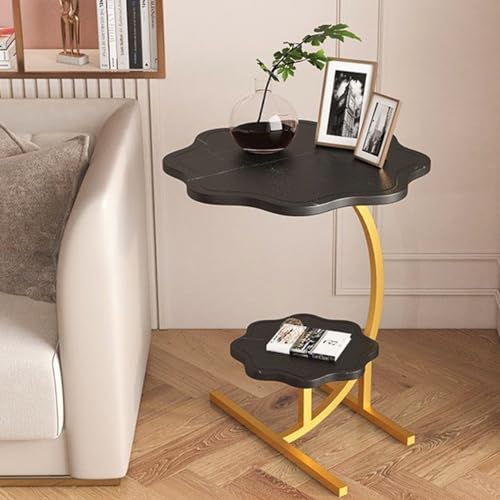 2 Layers Flower Shape Marble Texture Small C-Shaped Side Table,Snack SideTable, End Table for Sofa Side Table,Bedside Table for Living Room Kitchen Garden Bedroom - color: Black+gold