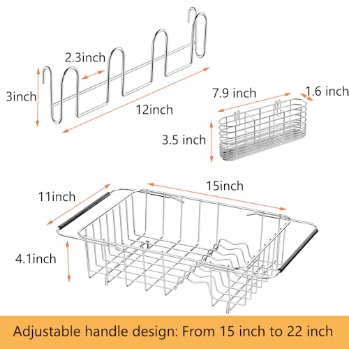 NiuYichee Stainless Steel Dish Drying Rack(15" L X 11" W X 4.1" H), Expandable Drain Rack Over Sink, Dish Drainer Rack in Sink, with Stainless Steel Utensil Holder & 4 Hooks Cup Hanger - size: Large【15 X 11"】
