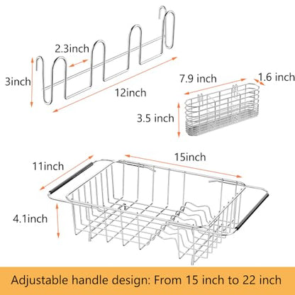 NiuYichee Stainless Steel Dish Drying Rack(15" L X 11" W X 4.1" H), Expandable Drain Rack Over Sink, Dish Drainer Rack in Sink, with Stainless Steel Utensil Holder & 4 Hooks Cup Hanger - size: Large【15 X 11"】