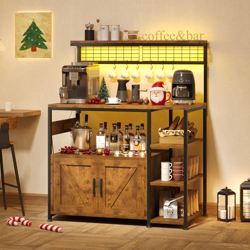 TVU Bakers Rack with Power Outlet and LED Light, Microwave Stand with Storage Cabinet, Coffee Bar Cabinet Station with 6 Hooks for Kitchen, Dining Room, Living Room, Coffee Bar, Rustic Brown, Black - color: Rustic Brown + Black