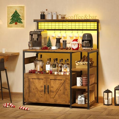 TVU Bakers Rack with Power Outlet and LED Light, Microwave Stand with Storage Cabinet, Coffee Bar Cabinet Station with 6 Hooks for Kitchen, Dining Room, Living Room, Coffee Bar, Rustic Brown, Black - color: Rustic Brown + Black