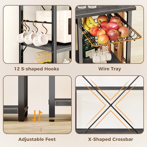SUPERJARE Large Bakers Rack with Power Outlets, 6-Tier Microwave Stand, Coffee Bar with 12 S-Shaped Hooks, Kitchen Shelf with Wire Basket, 39.4 x 14.6 x 66.9 Inches, Charcoal Gray - color: Charcoal Gray, size: 39.4inch