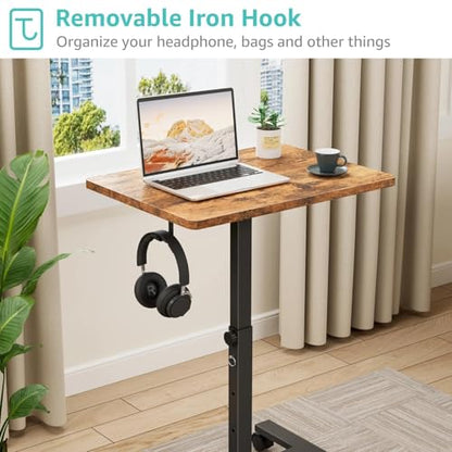 WINAZ Small Portable Laptop Rolling Desk - 24 Inch Mobile Computer Desk Adjustable Height on Wheels for Small Spaces, Couch Kids Desks End Side Table, Teacher Podium for Classroom, Rustic Brown - color: Brown