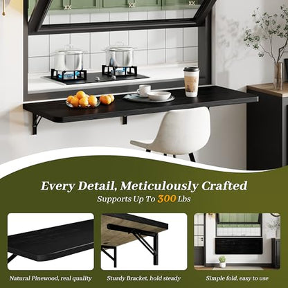 Dogsky 48" x 16" Floating Wall Desk, Fold Down Wall Table - 300 lbs Heavy Duty Solid Pine Wall Mount Folding Desk for Home Office, Laundry Room, Kitchen & Small Apartment, Black - color: Black, size: 48'' x 15.7'' x 8.3''