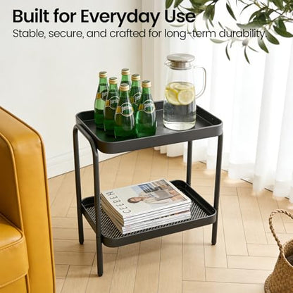 2-in-1 Narrow Side Table with Storage Shelves, Compact 2-Tier Small & Skinny End Table for Small Spaces, Space-Saving Slim Nightstand for Bedroom, Living Room, Office, Modern Bedside Table