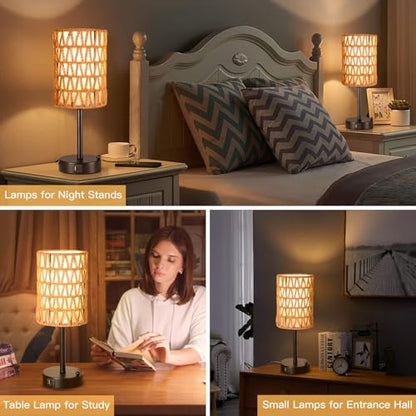 Rattan Table Lamps for Living Room, 3 Way Dimmable Touch Lamps, Small Bedside Lamps with LED Bulbs, Phone Stand, USB Ports and AC Outlet, Boho Nightstand Lamp for Kids Room, Bedroom, Office (2 Pack) - size: 2 Pack Rattan