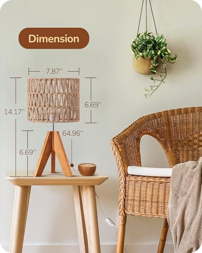 EDISHINE Small Table Lamp, Rattan Wood Tripod Bedside Lamp, Boho Nightstand Lamp for Living Room, End Table, Office, E26 Base, Natural Style - color: Rosewood Color&W-pattern Shade