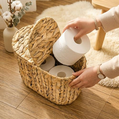 Toilet Paper Basket with Lid, Water Hyacinth 4 Rolls Toilet Paper Storage Basket, Narrow Slim Medium Paper Organizer for Bathroom