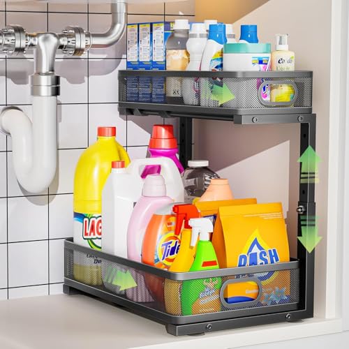Under Sink Organizer 2 Pack, High Adjustable 2 Tier Under Sink Organizers and Storage, Slide out Metal Cabinet Organizers, Pull out Storage Drawer Shelf for Kitchen Bathroom Cabinet (Black-1pack) - color: Black-1pack