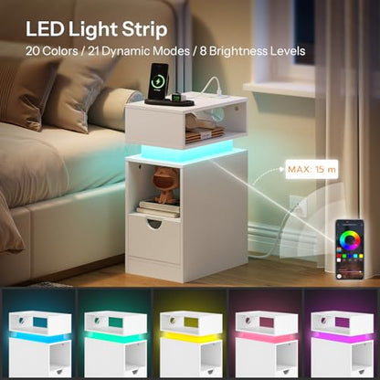 HOOBRO Narrow End Table, Floating Nightstand with LED Light Strip, with Drawer, Slim Bedside Table with Charging Station for Living Room, Bedroom, White WT204UDBZ01