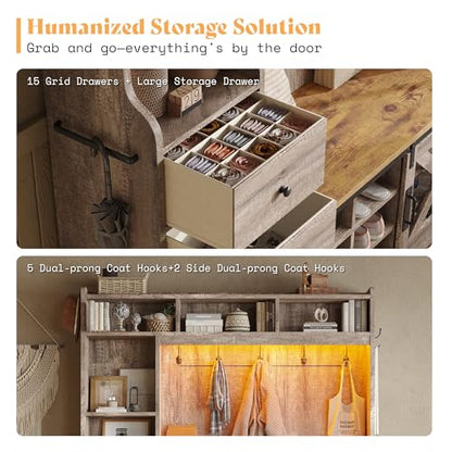 AMERLIFE 75"H 7-in-1 Farmhouse Hall Tree with Bench and shoe storage, LED Entryway Bench with Coat Rack, 12 Shoe Cubbies, 2 Drawers, Barn Doors & Adjustable Shelf, Mudroom Hallway Cabinet, Rustic Grey - color: Rustic Grey