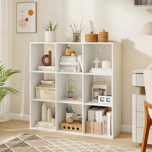 9 Cube Storage Organizer, Floor Standing Bookcase with Open Compartments, Wooden Display Rack for Living Room, Bedroom, Study, White Bookshelf with Open Back (1, 9 Cubes) - size: 9 Cubes