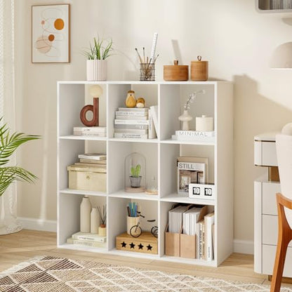 9 Cube Storage Organizer, Floor Standing Bookcase with Open Compartments, Wooden Display Rack for Living Room, Bedroom, Study, White Bookshelf with Open Back (1, 9 Cubes) - size: 9 Cubes