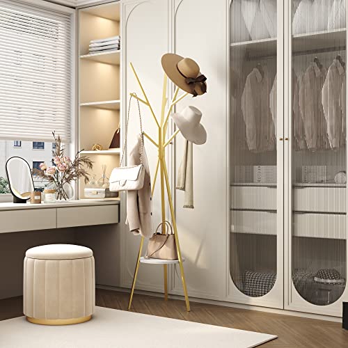 HOME BI Coat Rack Hat Stand Free Standing Display Hall Tree Metal Hat Hanger Garment Storage Holder with 9 Hooks for Clothes Hats and Scarves in Gold,17.72" Wx17.72 Dx70.87 - color: Gold