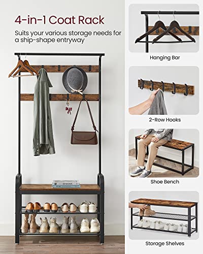 VASAGLE Coat Rack, Hall Tree with Shoe Bench for Entryway, Entryway Bench with Coat Rack, 4-in-1, with 9 Removable Hooks, a Hanging Rod, 13.3 x 33.1 x 72.1 Inches, Rustic Brown and Black UHSR400B01 - color: Rustic Brown + Black, size: 33.1"W