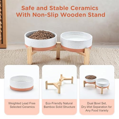 SPUNKYJUNKY Elevated Dog Bowls Ceramic, 5.1'' Dogs and Cat Food Water Bowls Raised with Non-Slip Bamboo Stand for Puppy Small Sized Breed Microwave Dishwasher Safe - 13.5 OZ,Pattern White - color: Pattern White, size: 5.1 in - 1.7 cups