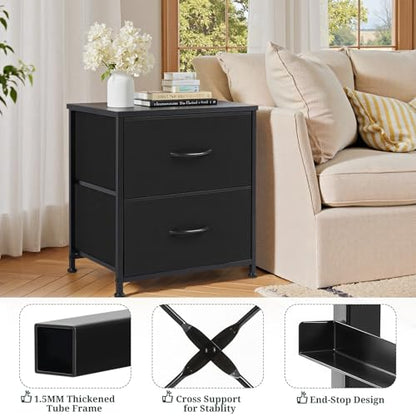 Nightstand Set of 2 Upgraded Small 2 Drawer Dresser End Table | Bedside Furniture, Wooden Top Fabric Bins for Bedroom, Closet, Entryway, Dorm, 11.8" D x 18" W x 20", Black - color: Black