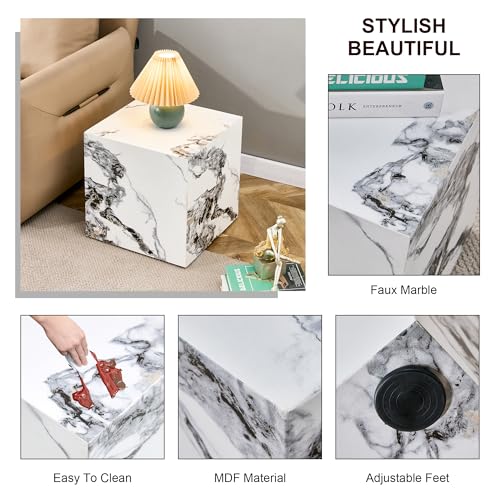 15.7" H Square Compact Coffee Table,Small Cube End Table,Modern Side Table with Stylish Faux Marble Pattern,Minimalist Accent Table for Living Room,Office,Apartment,Nightstand(White,15.7") - color: White,15.7"h