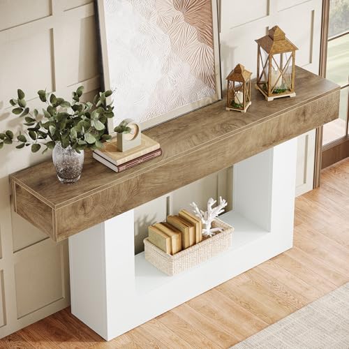 Tribesigns 63-Inch Long Console Table, 2-Tier Entryway Table Sofa Table with Storage, Farmhouse Wood Behind Couch Table for Living Room, Hallway, Light Brown & White - color: Light Brown & White