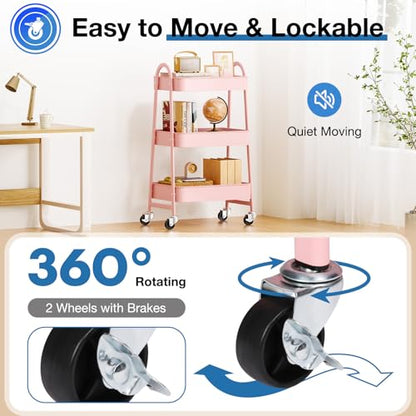 DUMOS 3 Tiers Metal Rolling Utility Cart with Lockable Wheels, Mobile Storage Organizer, Utility Shelving Unit for Kitchen, Office, Bathroom, Laundry, Narrow Places, Pink - color: 3 Tiers Pink
