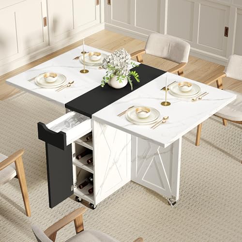 White Marble Mobile Folding Dining Table - 6-Wheel Rolling Kitchen Cart with Storage, Drop Leaf Design for Small Spaces, Suitable for Kitchen, Dining Room, Apartment - color: Black