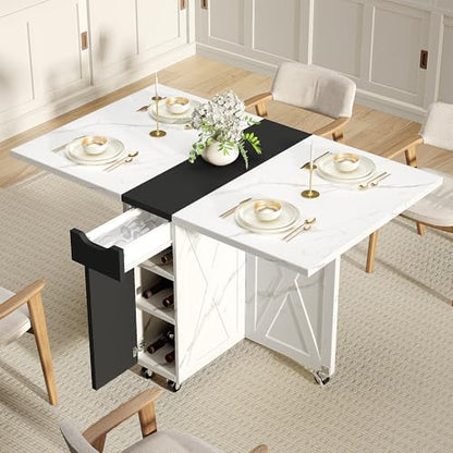 White Marble Mobile Folding Dining Table - 6-Wheel Rolling Kitchen Cart with Storage, Drop Leaf Design for Small Spaces, Suitable for Kitchen, Dining Room, Apartment - color: Black