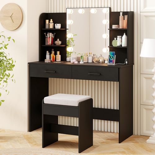 CHARMAID Vanity Desk with Mirror and Lights, Black Makeup Vanity Table with Large Drawers, Storage Shelves, Charging Station, 3 Lighting Modes, Modern Vanity Dressing Table with Stool for Bedroom - color: Black, size: 42.5"W