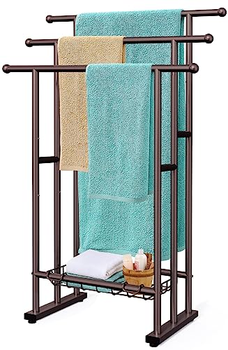 Kayfia 40'' Freestanding 3 Tier Alloy Steel Towel Rack with Storage Basket | Dual-Use Drying & Display Rack, Holds Oversized Bath Towels & Blankets, Fits Bathroom, Tub, Shower, Poolside, Bronze - color: Bronze