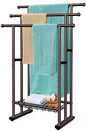 Kayfia 40'' Freestanding 3 Tier Alloy Steel Towel Rack with Storage Basket | Dual-Use Drying & Display Rack, Holds Oversized Bath Towels & Blankets, Fits Bathroom, Tub, Shower, Poolside, Bronze - color: Bronze