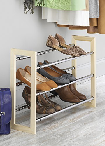 Whitmor 3 Tier Expandable Shoe Rack -Stackable - Natural Wood and Chrome - color: Wood & Chrome