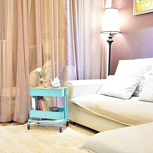 Melody House 2-Tier Metal Utility Rolling Cart, Storage Side End Table with Cover Board - color: A- Turquoise-1
