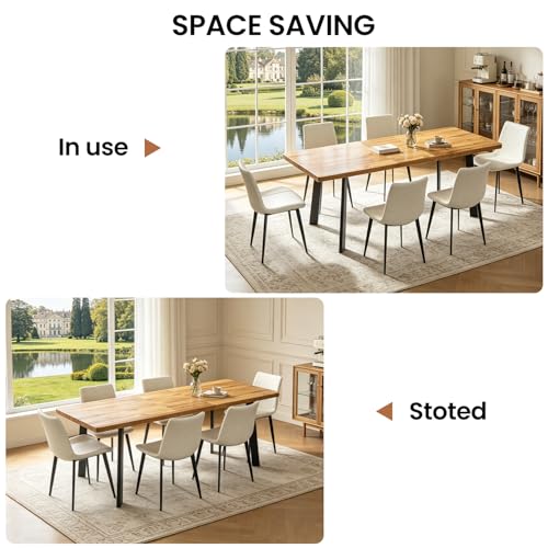 Extendable Dining Table Set for 6 to 8 People, 63" to 78.7" Modern Kitchen Table Set with 6 Leather Chairs, MDF Dining Room Table and Chairs with Removable Extension Leaf (Walnut Table+White Chairs) - color: 63'' - 78.7'' Walnut Table+6 Beige Chairs