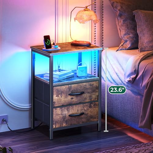 Huuger Night Stand with Charger Station and LED Lights, 2 Drawer Nightstand, Bed Side Table with Open Shelf, End Table, Fabric Dresser for Bedroom, Rustic Brown - color: Rustic Brown, size: 11.8"D x 15.7"W x 23.6"H（2 Drawers）