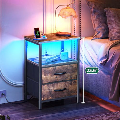 Huuger Night Stand with Charger Station and LED Lights, 2 Drawer Nightstand, Bed Side Table with Open Shelf, End Table, Fabric Dresser for Bedroom, Rustic Brown - color: Rustic Brown, size: 11.8"D x 15.7"W x 23.6"H（2 Drawers）