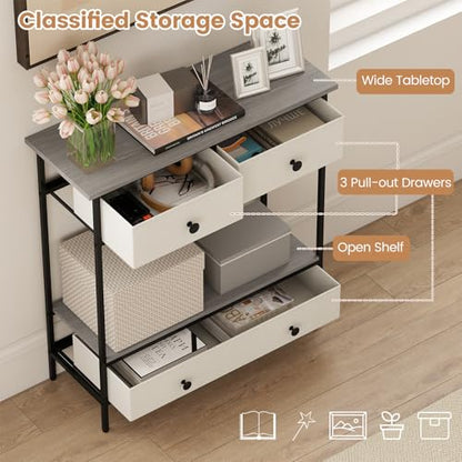 Giantex Console Table with 3 Fabric Drawers, 32" Farmhouse Entryway Table with Storage & Open Shelf, Rustic Narrow Sofa Table with Metal Frame for Living Room, Hallway, Entrance, Foyer